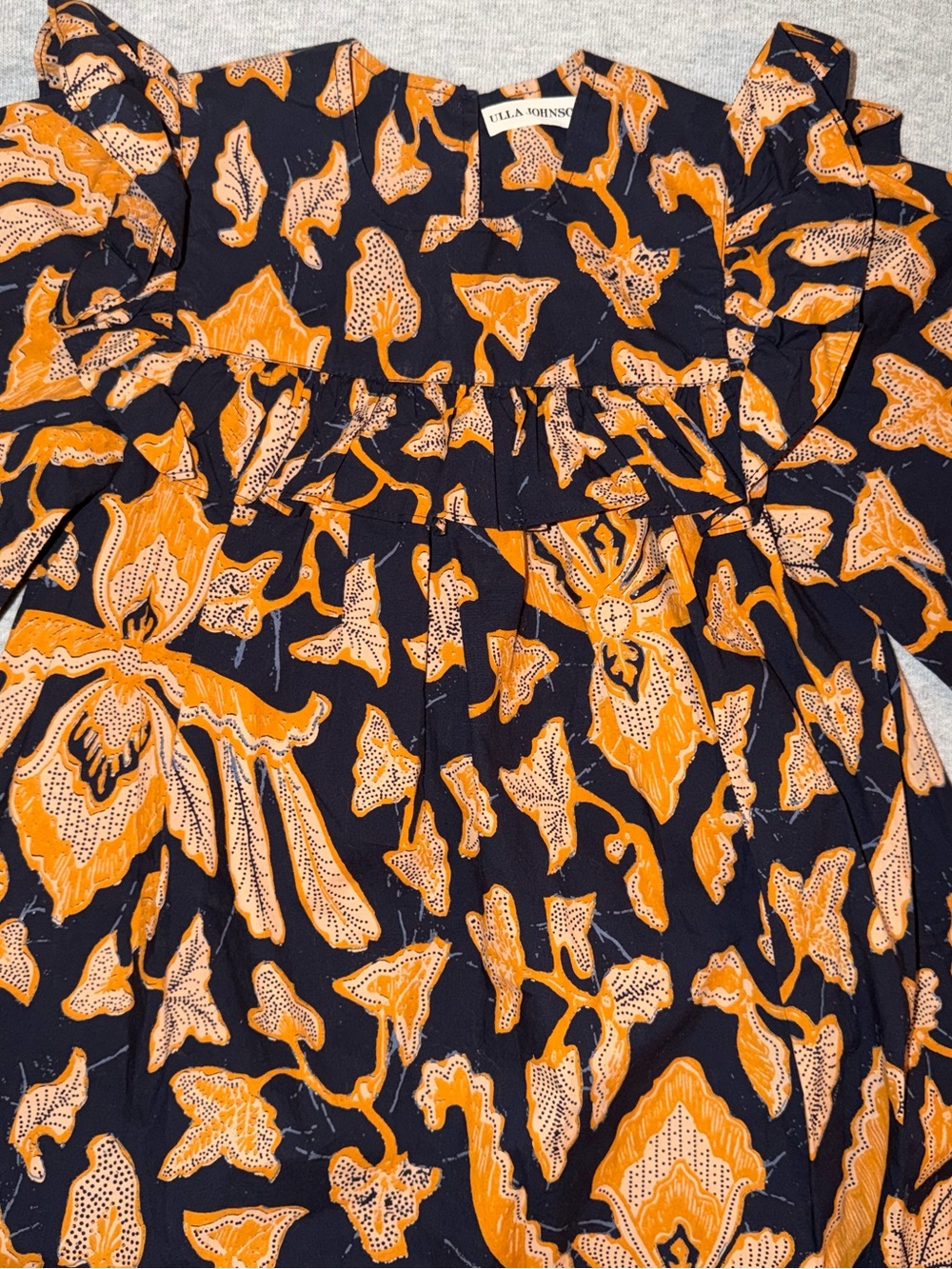 Ulla Johnson Girls Navy Dress with Bold Orange Floral Print